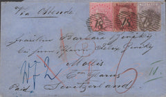 141472 1859 MAIL LONDON TO SWITZERLAND WITH THREE COLOUR COMBINATION 4D CARMINE (SG66) 1D ROSE-RED (SG40) AND 6D LILAC (SG69) PAYING IMPOSSIBLE 10½d RATE.