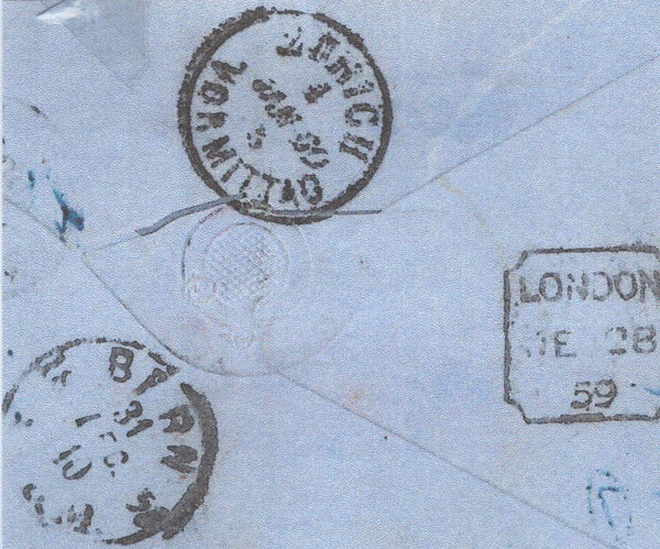 141472 1859 MAIL LONDON TO SWITZERLAND WITH THREE COLOUR COMBINATION 4D CARMINE (SG66) 1D ROSE-RED (SG40) AND 6D LILAC (SG69) PAYING IMPOSSIBLE 10½d RATE.