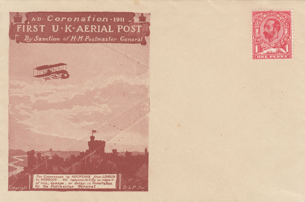 141474 1911 FIRST OFFICIAL U.K. AERIAL POST UNUSED LONDON EMERGENCY ENVELOPE IN RED-BROWN.