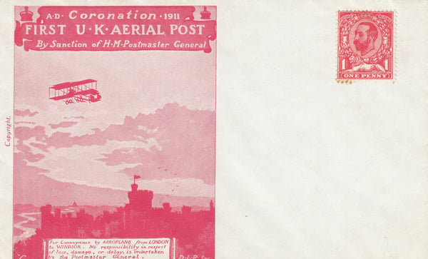 141475 1911 FIRST OFFICIAL U.K. AERIAL POST SUPERB UNUSED LONDON ENVELOPE IN SCARLET.