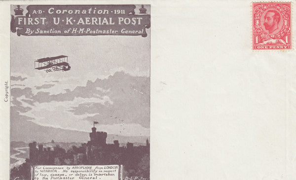 141476 1911 FIRST OFFICIAL U.K. AERIAL POST SUPERB UNUSED  LONDON ENVELOPE  IN PURPLE-BROWN.