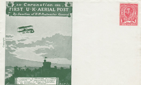 141477 1911 FIRST U.K. OFFICIAL AERIAL POST SUPERB UNUSED LONDON ENVELOPE IN BRIGHT GREEN.