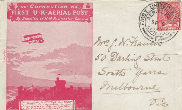 141479 1911 FIRST OFFICIAL U.K. AERIAL POST LONDON ENVELOPE IN SCARLET TO MELBOURNE, AUSTRALIA.