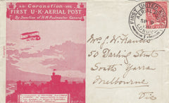 141479 1911 FIRST OFFICIAL U.K. AERIAL POST LONDON ENVELOPE IN SCARLET TO MELBOURNE, AUSTRALIA.