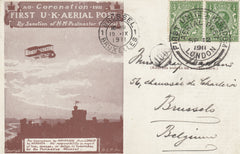 141480 1911 FIRST OFFICIAL U.K. AERIAL POST LONDON POSTCARD IN BROWN TO BELGIUM.