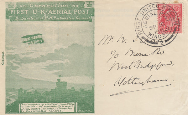 141481 1911 FIRST OFFICIAL U.K. AERIAL POST, PROOF IN PALE YELLOW-GREEN OF LONDON ENVELOPE POSTALLY USED WINDSOR TO NOTTINGHAM.