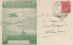 141481 1911 FIRST OFFICIAL U.K. AERIAL POST, PROOF IN PALE YELLOW-GREEN OF LONDON ENVELOPE POSTALLY USED WINDSOR TO NOTTINGHAM.
