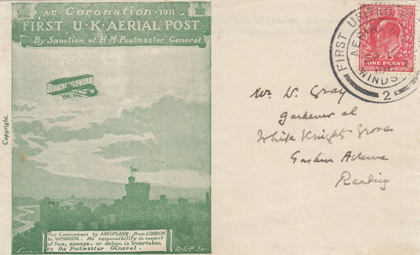 141482 1911 FIRST OFFICIAL U.K. AERIAL POST, PROOF IN PALE YELLOW-GREEN OF LONDON ENVELOPE POSTALLY USED WINDSOR TO READING.