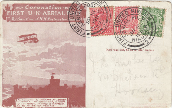 141483 1911 FIRST OFFICIAL U.K. AERIAL POST LONDON POSTCARD POSTED FROM WINDSOR TO HORNSEY WITH KIND EDWARD VII AND KING GEORGE V ISSUES.