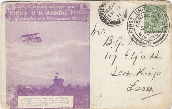 141484 1911 FRST OFFICIAL U.K. AERIAL POST WINDSOR PRIVILEGE POSTCARD IN VIOLET TO 'B.G. ALLEN'  ESSEX.