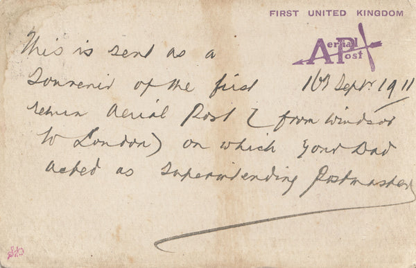 141484 1911 FRST OFFICIAL U.K. AERIAL POST WINDSOR PRIVILEGE POSTCARD IN VIOLET TO 'B.G. ALLEN'  ESSEX.