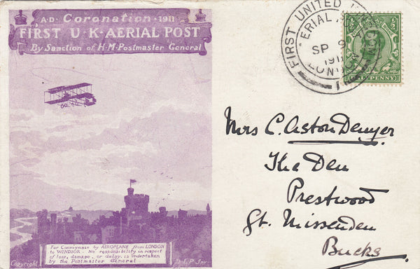 141485 1911 FIRST OFFICIAL U.K. AERIAL POST LONDON PRIVILEGE POSTCARD IN VIOLET LONDON TO GT. MISSENDEN, BUCKS.