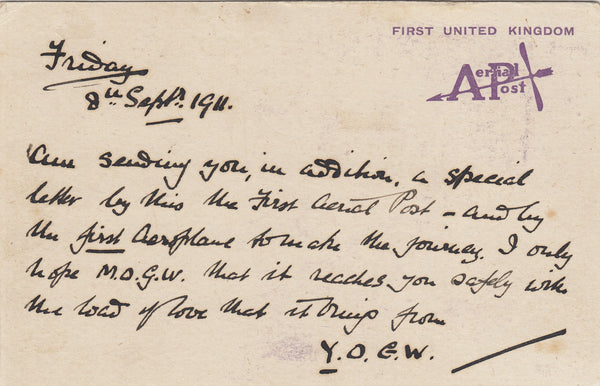 141485 1911 FIRST OFFICIAL U.K. AERIAL POST LONDON PRIVILEGE POSTCARD IN VIOLET LONDON TO GT. MISSENDEN, BUCKS.