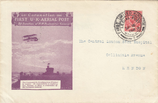 141488 1911 FIRST OFFICAL U.K. AERIAL POST WINDSOR PRIVILEGE ENVELOPE IN VIOLET TO HENDON.
