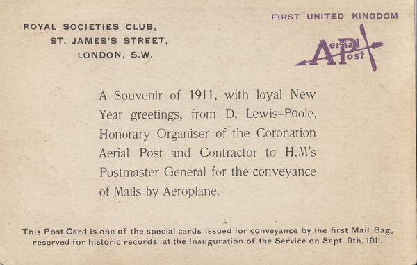 141489 1911 FIRST OFFICAL U.K. AERIAL POST, PRIVILEGE POSTCARD IN VIOLET USED BY D. LEWIS-POOLE AS A NEW YEAR CARD.