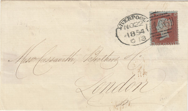 141499 1854 PART WRAPPER LIVERPOOL TO LONDON 1D PL.184 (SG17)(MD CONSTANT VARIETY).