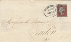 141499 1854 PART WRAPPER LIVERPOOL TO LONDON 1D PL.184 (SG17)(MD CONSTANT VARIETY).
