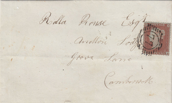 141500 1854 MAIL USED IN LONDON WITH 1D PL.171 (SG17)(FA) AND 'Chiswick' RECEIVER'S HANDSTAMP IN BLUE.