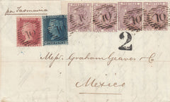141503 1860 THREE COLOUR COMBINATION LONDON TO MEXICO WITH 6D LILAC (SG69) X 4, 1D ROSE-RED (SG40) AND 2D BLUE PL.8 (SG45).