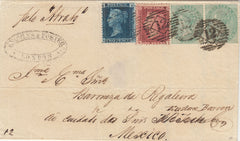 141504 1861 THREE COLOUR  COMBINATION LONDON TO MEXICO WITH 2D BLUE PL.8 (SG45) 1D RED (SG40) 1S GREEN (SG72) X 2.