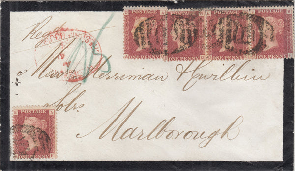 141516 1875 MOURNING ENVELOPE REGISTERED MAIL LONDON TO MARLBOROUGH WITH 1D PL.138 (SG43) X FIVE.
