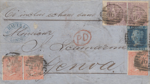141522 1866 SAMPLE MAIL LONDON TO GENOA, THREE COLOUR COMBINATION.