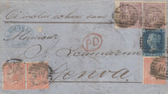141522 1866 SAMPLE MAIL LONDON TO GENOA, THREE COLOUR COMBINATION.