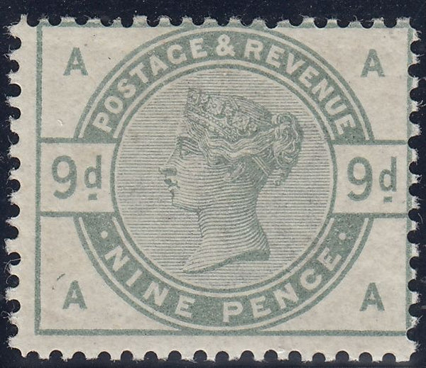 141530 1883 9D DULL GREEN (SG195) VERY FINE UNUSED LETTERED AA WITH 'PLUG FLAW' ON A AT LOWER LEFT.