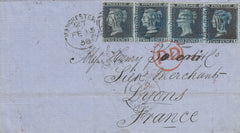 141533 1858 MAIL MANCHESTER TO LYONS, FRANCE WITH 2D BLUE PL.6 (SG35) X 4 'MANCHESTER/498' SPOON TYPE 'E2' (RA100).