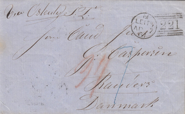 141534 1861 MAIL LEITH TO DENMARK, POSTED UNPAID WITH 'LEITH/221' DUPLEX AT UPPER RIGHT.