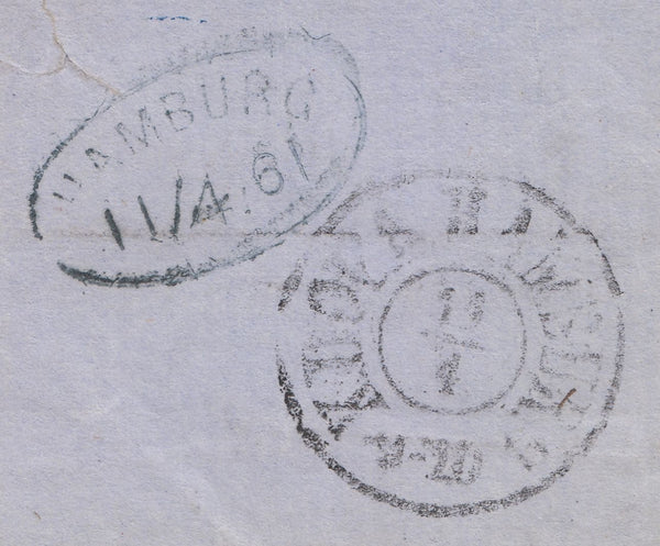 141534 1861 MAIL LEITH TO DENMARK, POSTED UNPAID WITH 'LEITH/221' DUPLEX AT UPPER RIGHT.