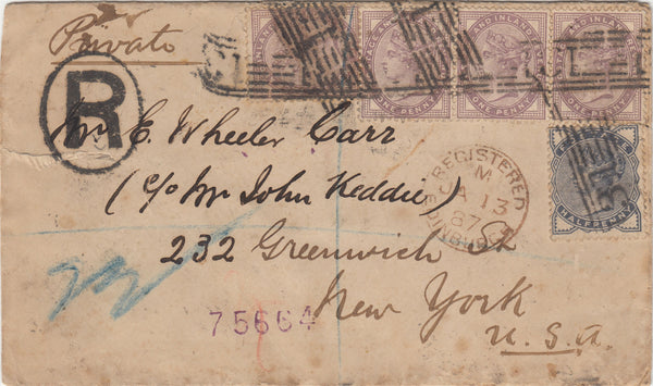 141537 1887 REGISTERED MAIL EDINBURGH TO NEW YORK 1D LILAC (SG172) X 4 AND ½d SLATE BLUE (SG187).