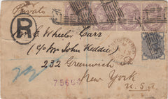 141537 1887 REGISTERED MAIL EDINBURGH TO NEW YORK 1D LILAC (SG172) X 4 AND ½d SLATE BLUE (SG187).