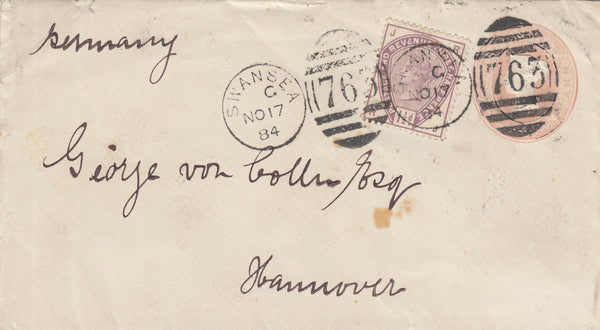 141538 1884 1D PINK UPRATED 1½d LILAC (SG188) SWANSEA TO HANNOVER, GERMANY.