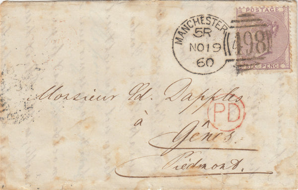 141539 1860 PART LETTER MANCHESTER TO PIEDMONT, ITALY WITH 6D LILAC (SG69) 'MANCHESTER/498' SPOON TYPE D5a FIRST RE-CUT (RA92).