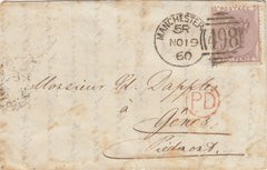 141539 1860 PART LETTER MANCHESTER TO PIEDMONT, ITALY WITH 6D LILAC (SG69) 'MANCHESTER/498' SPOON TYPE D5a FIRST RE-CUT (RA92).