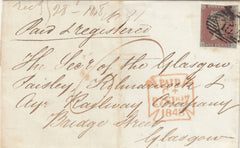 141540 1848 REGISTERED MAIL LONDON TO GLASGOW 1D (SG8) PAYING POSTAGE AND '6' REGISTRATION FEE PAID IN CASH.