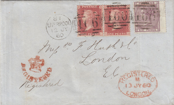 141541  1860 REGISTERED MAIL LIVERPOOL TO LONDON WITH 6D LILAC (SG69) AND 1D (SG40) X  2.