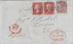141541  1860 REGISTERED MAIL LIVERPOOL TO LONDON WITH 6D LILAC (SG69) AND 1D (SG40) X  2.
