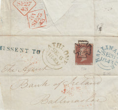 141542 1843 LARGE PIECE DUBLIN TO BALLINASLOE, IRELAND WITH 1D (SG8) DUBLIN MALTESE CROSS, MISSORTED WITH 'MISSENT TO' HANDSTAMP IN BLUE AND 'ATHLONE' DATE STAMP.