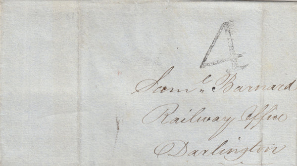 141544 1840 MAIL CARLISLE TO DARLINGTON DATED JAN 3 1840 WITH UNIFORM FOURPENNY POST HANDSTAMP '4' OF CARLISLE.