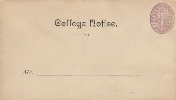 141545 1876 HERTFORD COLLEGE ½d MAUVE EMBOSSED ENVELOPE WITH 'College Notice' GOTHIC IMPRINT IN BLACK.