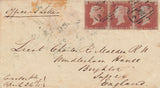 141553 1855 CRIMEAN WAR ENVELOPE CONSTANTINOPLE TO BRIGHTON, SUSSEX WITH STRIP OF THREE 1D (SG17) WITH '*CROWN*' CANCELLATION.