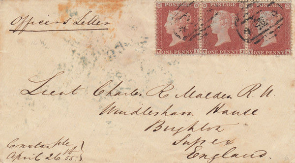 141553 1855 CRIMEAN WAR ENVELOPE CONSTANTINOPLE TO BRIGHTON, SUSSEX WITH STRIP OF THREE 1D (SG17) WITH '*CROWN*' CANCELLATION.