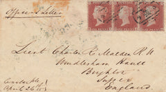 141553 1855 CRIMEAN WAR ENVELOPE CONSTANTINOPLE TO BRIGHTON, SUSSEX WITH STRIP OF THREE 1D (SG17) WITH '*CROWN*' CANCELLATION.