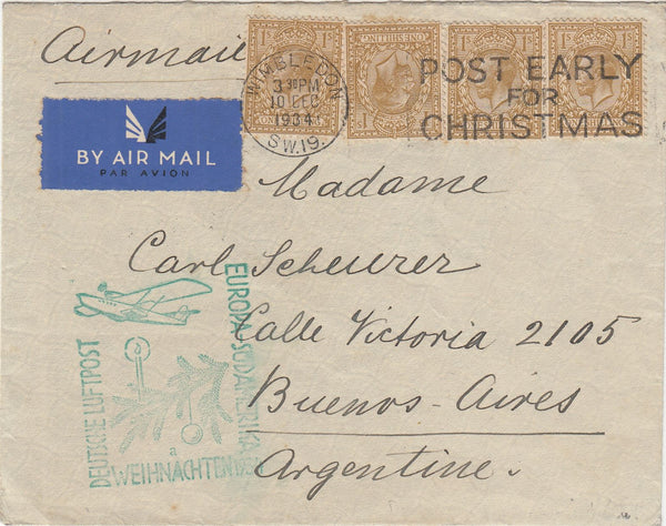 141555 1934 AIRMAIL VIA DEUTSCHE LUFTPOST WIMBLEDON TO ARGENTINA WITH 1S X 4.