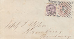 141556 1886 MAIL LONDON TO HAMBURG 1D PINK ENVELOPE UPRATED 1½d LILAC (SG188) HOSTER CANCELLATION.