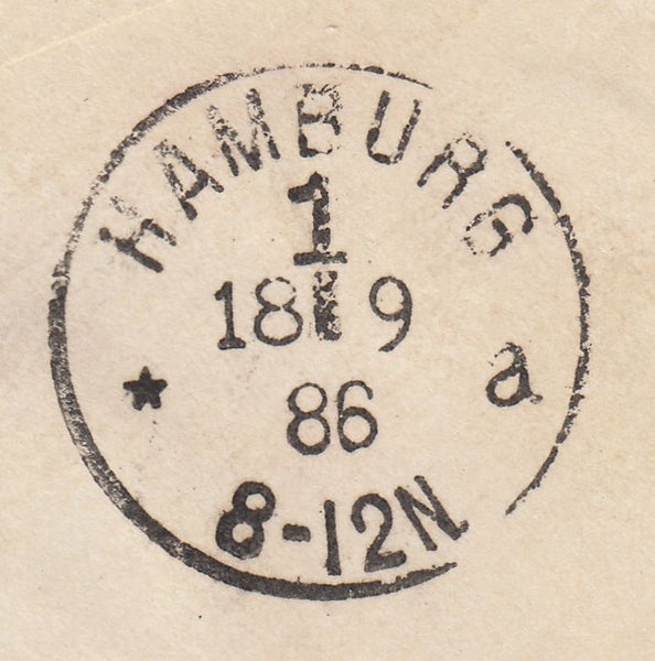 141556 1886 MAIL LONDON TO HAMBURG 1D PINK ENVELOPE UPRATED 1½d LILAC (SG188) HOSTER CANCELLATION.