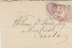141557 1887 MAIL LONDON TO CANADA, 1D PINK ENVELOPE UPRATED 1½d LILAC (SG188) WITH HOSTER CANCELLATION.