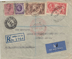 141561 1935 REGISTERED AIRMAIL LONDON TO ARGENTINA WITH 3D (SG443), 6D (SG426a), SEAHORSES 2/6 AND 5S (SG450/451).